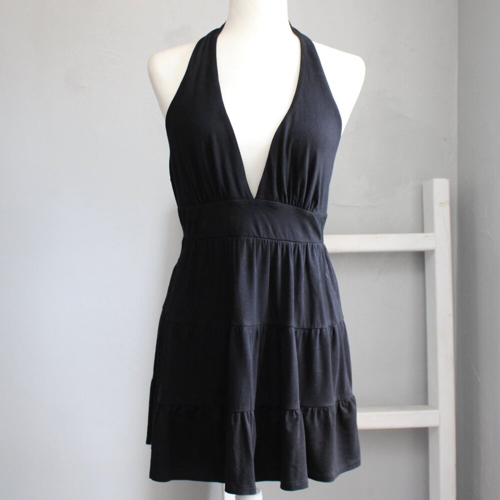 Arden B. Y2K Black Halter Deep V-Neck Ruffle Tier Babydoll Mini Dress Large NWT
